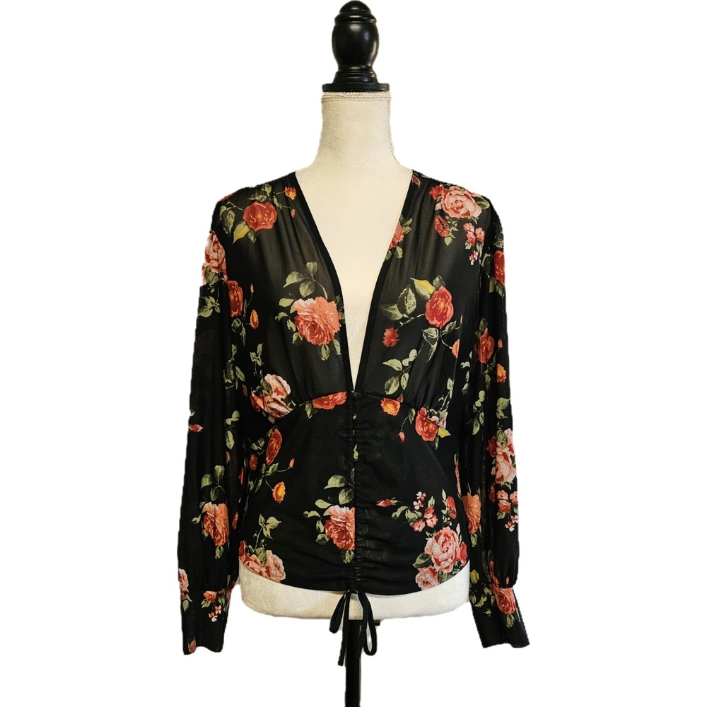 Ember Sheer Black Floral‎ Ruched Drawstring Front V-Neck Top Sz XL Dark Romantic
